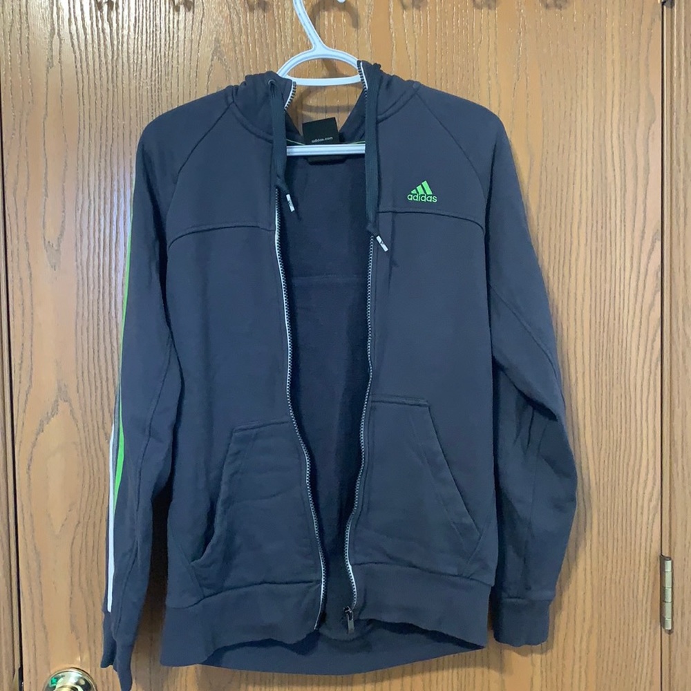 Adidas grey hoodie with multicolor strips